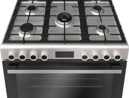 Bosch Cuisinière gaz posable Série 6 - 90 cm, 5 feux, four XXL 147 L, rôtissoire, grilles fonte - HGP3I8W50S