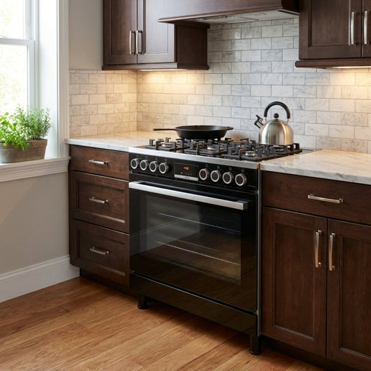 Bosch Cuisinière gaz Série 8 90 cm - 5 feux dont Wok 4,2 kW - Four XXL 147 L - Double tournebroche - HJY5G7V61S