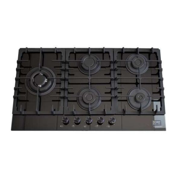 SCHNEIDER Plaque de cuisson à gaz 90 cm en Verre Noir – 5 Feux avec Brûleur Wok & Grilles en Fonte - ERA-94GRL-GB-SF