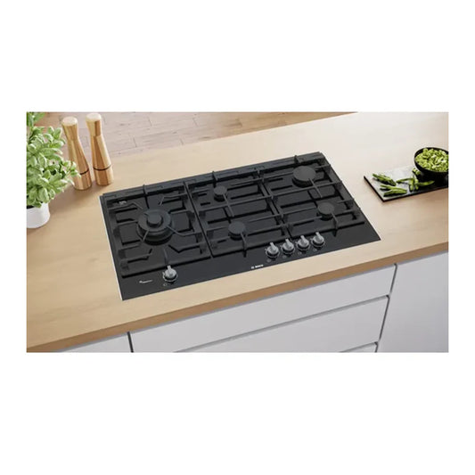 Bosch Table Gaz Vitrocéramique 90 cm – 5 foyers, FlameSelect 9 niveaux, Double Wok – PRS9A6B70