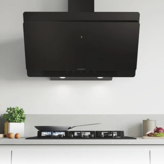 Candy Hotte décorative 90 cm – Verre noir, 4 vitesses + Booster 624 m³/h, LED – CDG9CBP8B