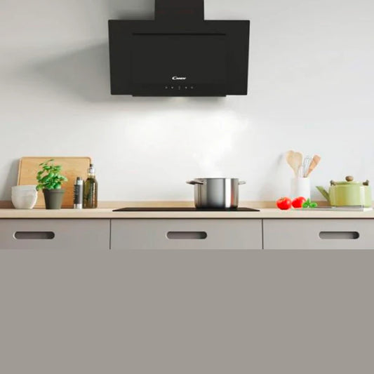 Candy Hotte murale décorative 60 cm – Verre noir, 303 m³/h, LED, commandes tactiles – CDG6CBG