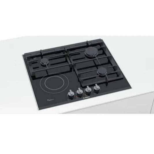 Bosch Table de cuisson mixte – 60 cm, 3 brûleurs gaz + 1 foyer vitrocéramique, FlameSelect, grilles fonte – PRY6A6B70