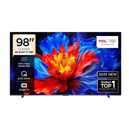 TCL TV QLED 98” – 4K UHD (3840×2160), Google TV, HDR10+, Dolby Atmos, Wi‑Fi, Bluetooth 5.0, 4×HDMI, 2×USB – TCL 98P8K