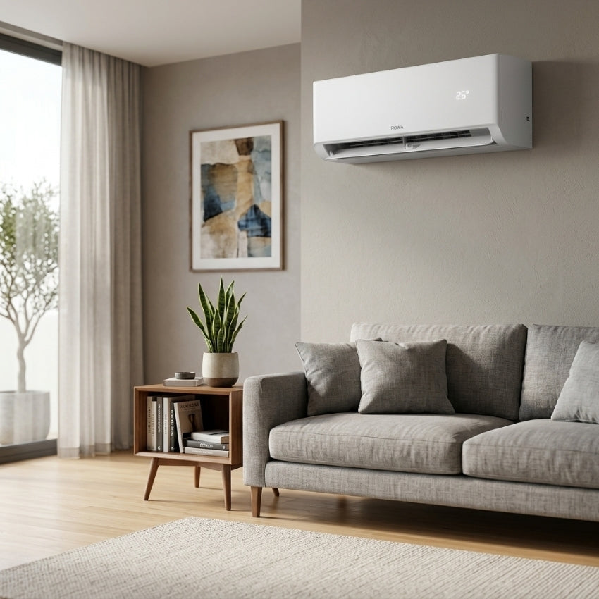 Contemporary living room showing a real wall-mounted split system positioned above the sofa
