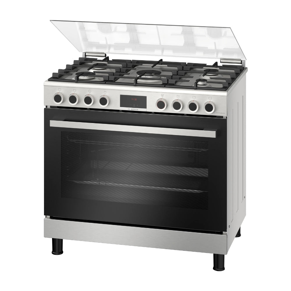 Bosch Cuisinière gaz posable Série 6 - 90 cm, 5 feux, four XXL 147 L, rôtissoire, grilles fonte - HGP3I8W50S
