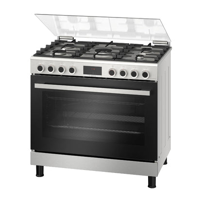 Bosch Cuisinière gaz posable Série 6 - 90 cm, 5 feux, four XXL 147 L, rôtissoire, grilles fonte - HGP3I8W50S