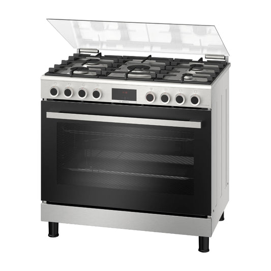 Bosch Cuisinière gaz posable Série 6 - 90 cm, 5 feux, four XXL 147 L, rôtissoire, grilles fonte - HGP3I8W50S