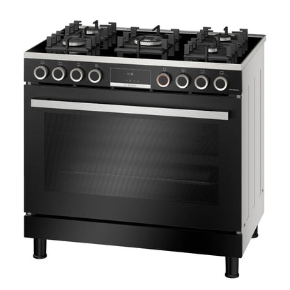 Bosch Cuisinière gaz Série 8 90 cm - 5 feux dont Wok 4,2 kW - Four XXL 147 L - Double tournebroche - HJY5G7V61S