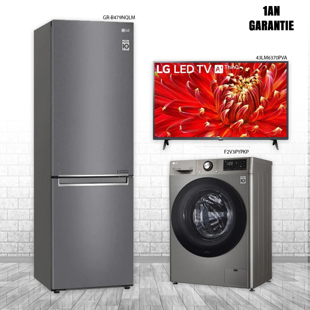 PACK LG Réfrigérateur LG GR-B479NOLM + TV LG 43LM6370PVA + Lave-linge LG F2V3PYPKP
