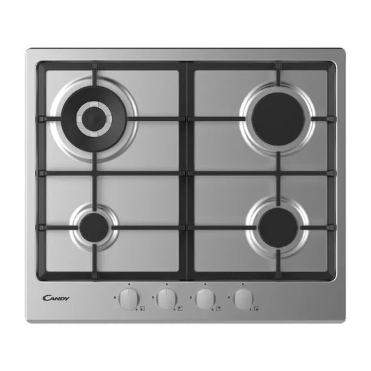 Candy Table de cuisson gaz – 4 zones, Inox, Grilles fonte – CHG6BRWPX