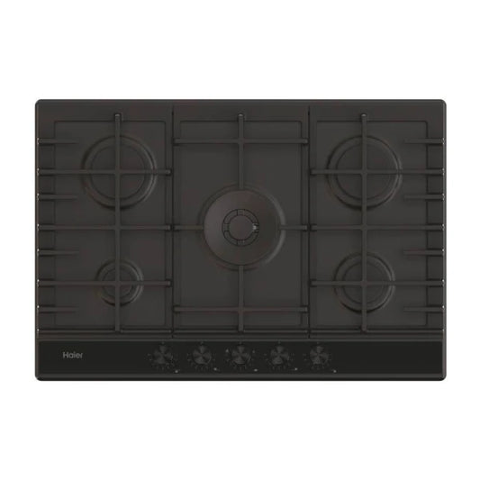 Haier Plaque de cuisson Gaz – 5 foyers Preci Flame, grilles fonte, surface inox/verre – HAHG7W5HEB