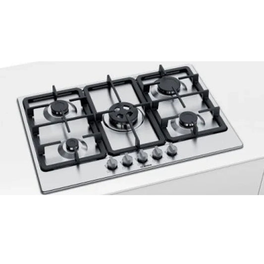 Bosch Table gaz 5 brûleurs 75 cm – Inox – Brûleur wok 3,3 kW – PGQ7B5B90
