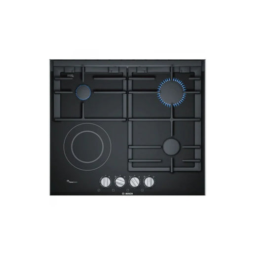 Bosch Table de cuisson mixte – 60 cm, 3 brûleurs gaz + 1 foyer vitrocéramique, FlameSelect, grilles fonte – PRY6A6B70