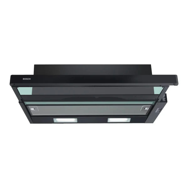 Bosch Hotte télescopique encastrable 60 cm – 300 m³/h, 3 vitesses, 62 dB, commande à curseur, noir – DFT63CA60Q