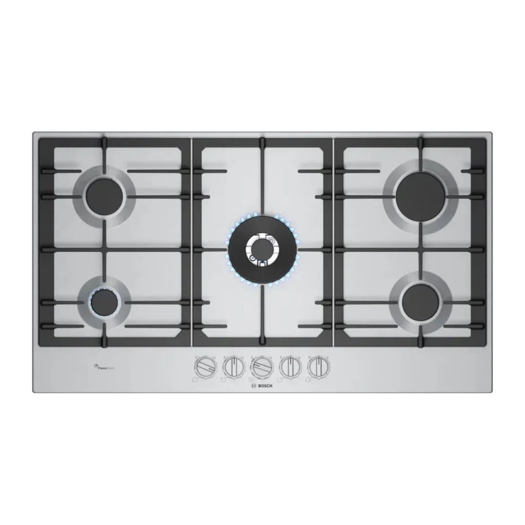 Bosch Plaque de cuisson gaz 90 cm – 5 foyers, Wok 5 kW, FlameSelect 9 niveaux, grilles fonte – PCR9A5I90