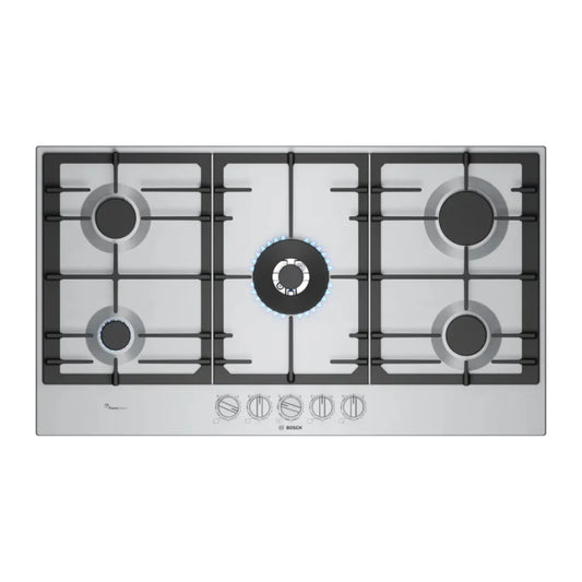 Bosch Plaque de cuisson gaz 90 cm – 5 foyers, Wok 5 kW, FlameSelect 9 niveaux, grilles fonte – PCR9A5I90