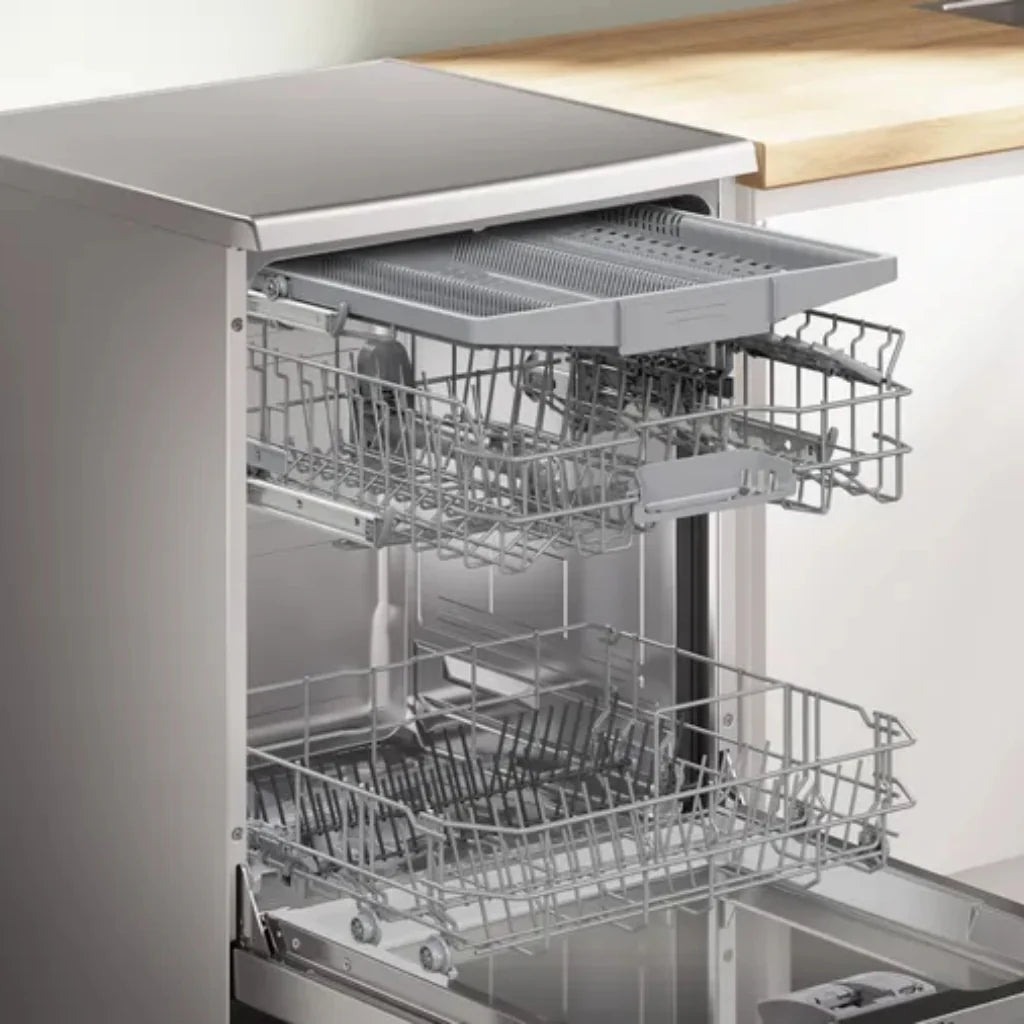 Bosch Lave-vaisselle pose-libre 60 cm – 14 couverts, 44 dB, inox anti-traces, VarioDrawer & RackMatic – SMS46NI20V