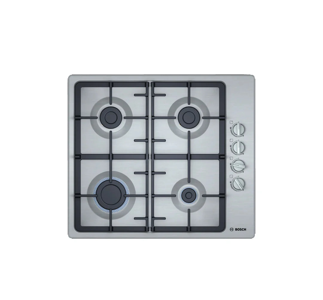 Bosch Plaque Gaz 4 Feux 60 cm – Fonte & Inox, 7 500 W – PBP6C5K90O