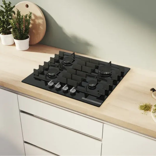 Bosch Table gaz 60 cm – Verre trempé noir, 4 foyers, FlameSelect 9 niveaux – PPP6A6I40O