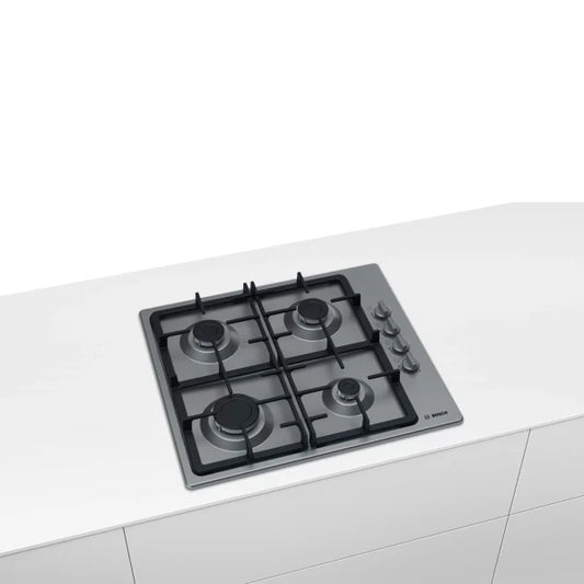 Bosch Plaque Gaz 4 Feux 60 cm – Fonte & Inox, 7 500 W – PBP6C5K90O