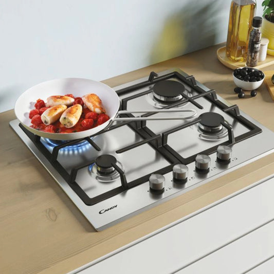 Candy Table de cuisson gaz – 4 zones, Inox, Grilles fonte – CHG6BRWPX