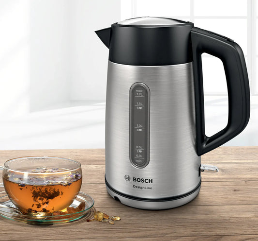 Bouilloire Bosch DesignLine – Inox 1,7 L, 2400 W, sécurité triplée – TWK4P440