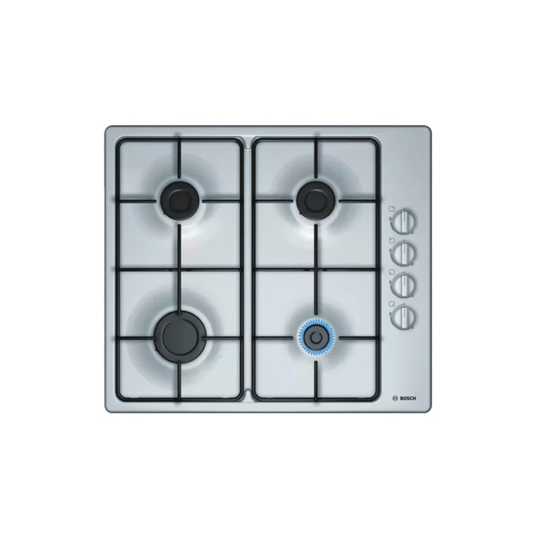 Bosch Plaque Gaz 4 Feux – 60 cm, Inox, Grilles Fonte & Allumage Électronique – PBP0C5B82L