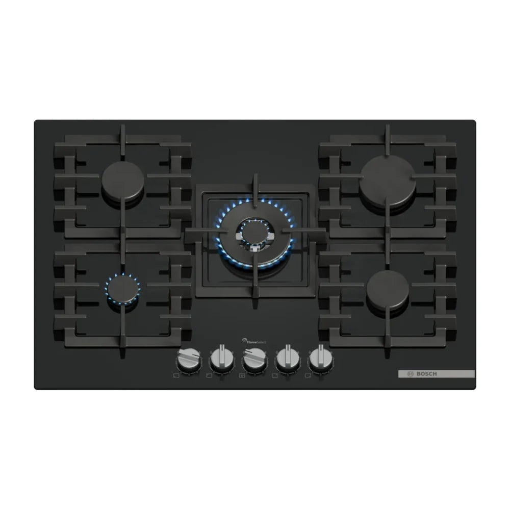 Bosch Table gaz 75 cm – Verre trempé noir, 5 foyers dont Wok 4 kW, FlameSelect 9 niveaux – PPQ7A6I40