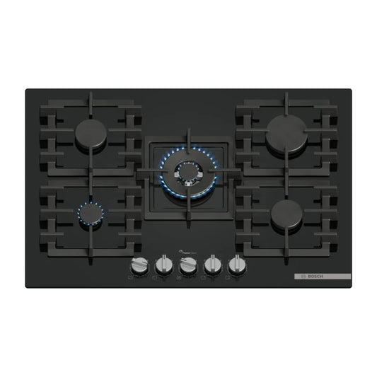 Bosch Table gaz 75 cm – Verre trempé noir, 5 foyers dont Wok 4 kW, FlameSelect 9 niveaux – PPQ7A6I40