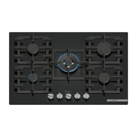 Bosch Table gaz 75 cm – Verre trempé noir, 5 foyers dont Wok 4 kW, FlameSelect 9 niveaux – PPQ7A6I40