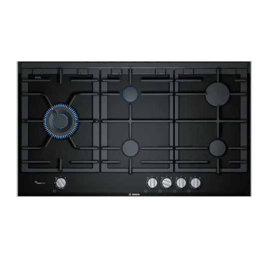 Bosch Table Gaz Vitrocéramique 90 cm – 5 foyers, FlameSelect 9 niveaux, Double Wok – PRS9A6B70