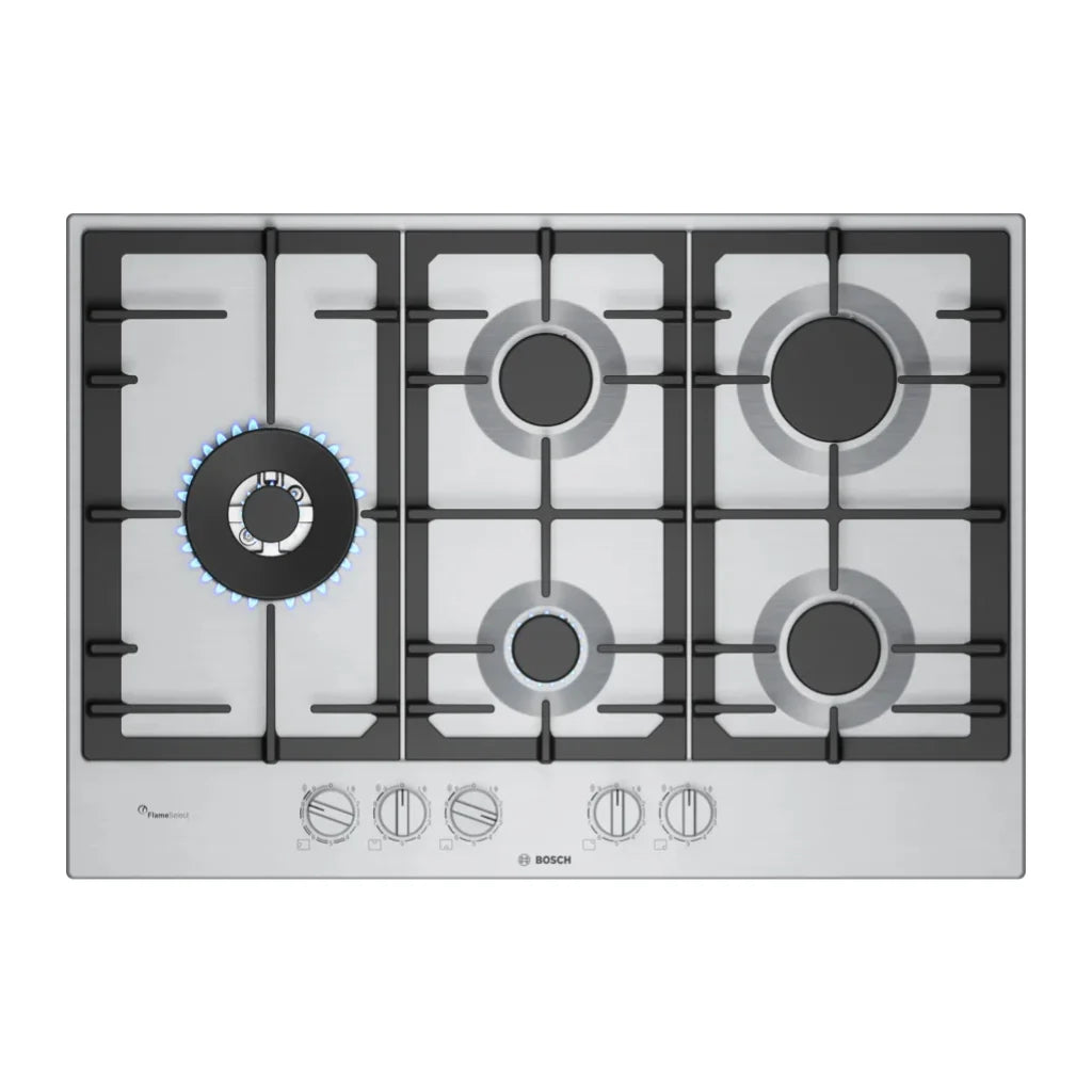 Bosch Table de cuisson gaz 75 cm – 5 foyers, FlameSelect 9 niveaux, grilles fonte, acier inox – PCS7A5I90
