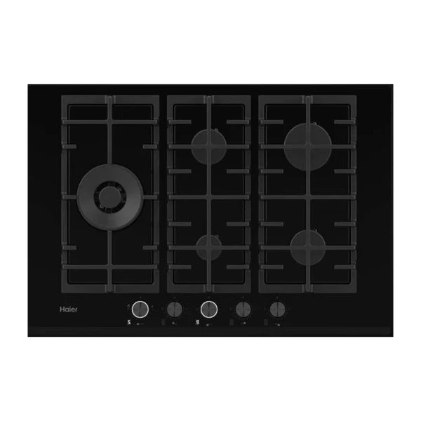 Haier Plaque Gaz 75 cm – 5 brûleurs (dont double couronne), verre trempé, commandes frontales – HAVG7WL5WS6B/1