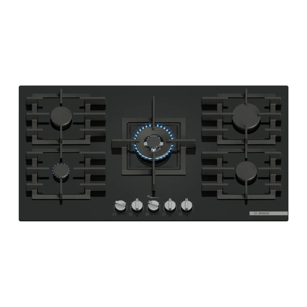 Bosch Plaque de cuisson gaz 90 cm – 5 foyers, brûleur Wok, FlameSelect, verre noir encastrable – PPQ9A6I40